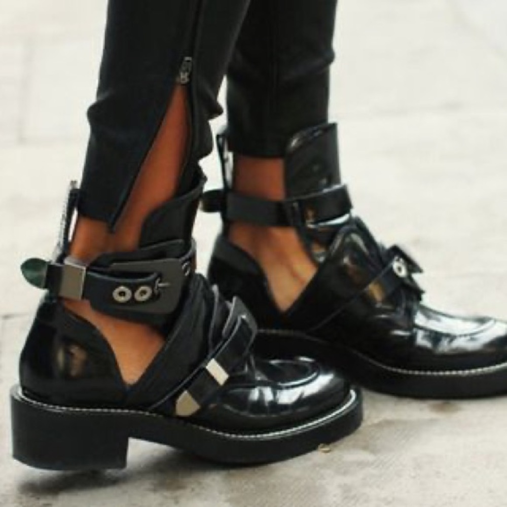 BALENCIAGA Patent Leather Buckle Cutout Boots